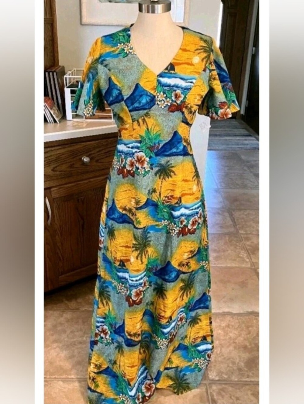 Tropical Print Maxi Dress in Yellow and Blue